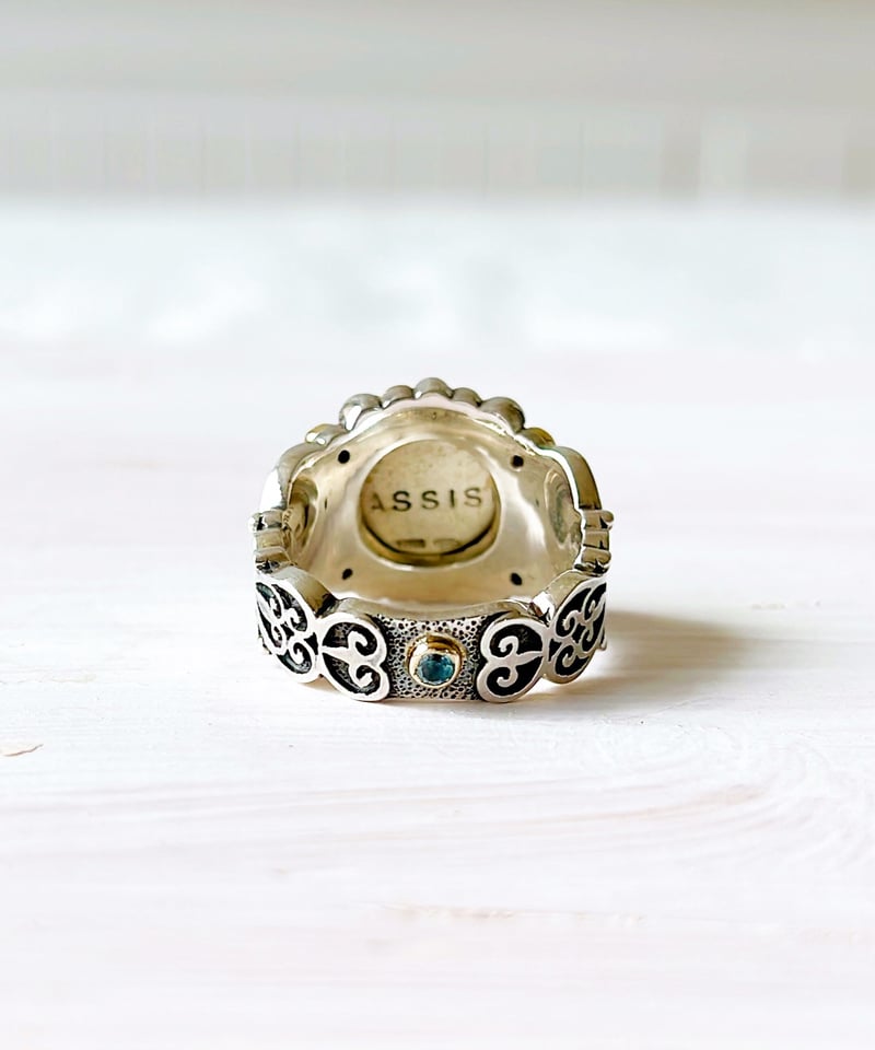 Mary&ダイヤモンド&アクアマリン シルバー&18KYGリング（Sacred Heart