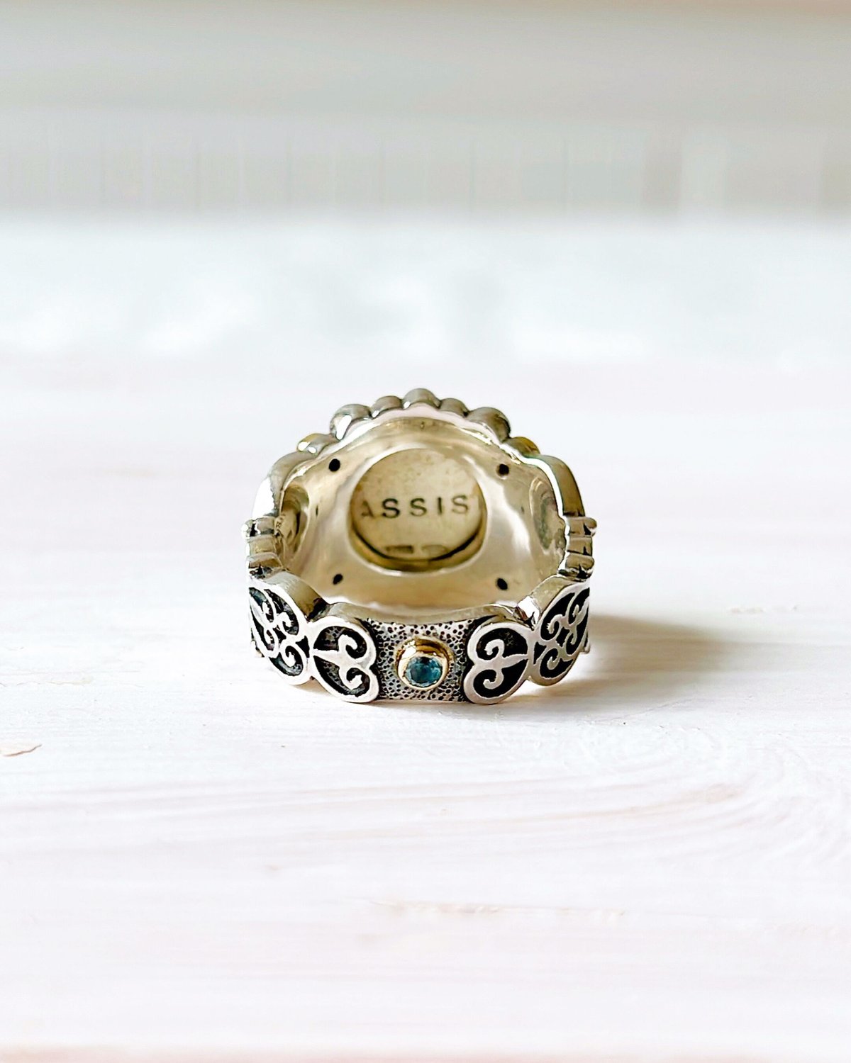 Mary&ダイヤモンド&アクアマリン シルバー&18KYGリング（Sacred Heart