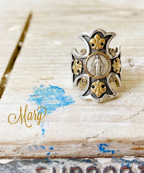 Mary＆ダイヤモンド＆ブルーサファイア シルバー＆18KYGリング（Sacred Cross）