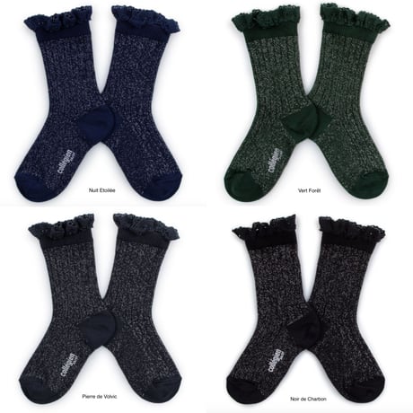 【Collégien】Victorine Glitter Ribbed Crew Socks with Lace Trim