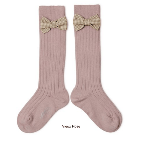 【Collégien】Jeanne Ribbed Knee-high Socks with Gingham bow