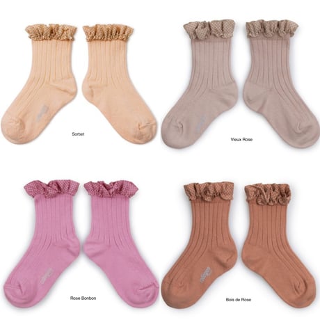 【Collégien】Brigitte Gingham Ruffle Ribbed Ankle Socks