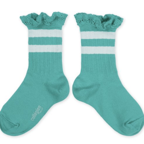 【Collégien】Nicole Ribbed Varsity Crew Socks with Lace Trim