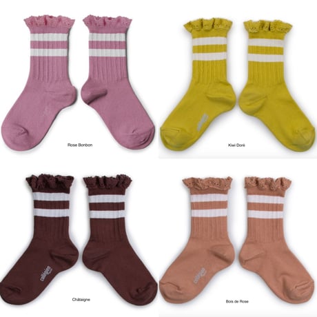 【Collégien】Nicole Ribbed Varsity Crew Socks with Lace Trim