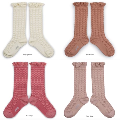 【Collégien】Coralie Textured Checked-knit Knee-high Socks with Lace Trim
