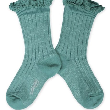 【Collégien】Victorine Glitter Ribbed Crew Socks with Lace Trim