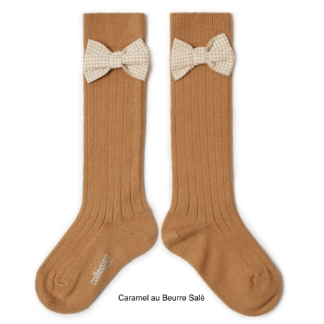 【Collégien】Jeanne Ribbed Knee-high Socks with Gingham bow