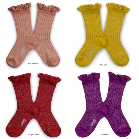 【Collégien】Victorine Glitter Ribbed Crew Socks with Lace Trim