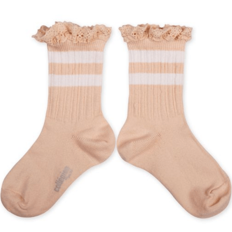 【Collégien】Nicole Ribbed Varsity Crew Socks with Lace Trim