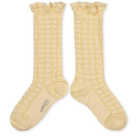 【Collégien】Coralie Textured Checked-knit Knee-high Socks with Lace Trim