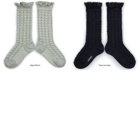 【Collégien】Coralie Textured Checked-knit Knee-high Socks with Lace Trim