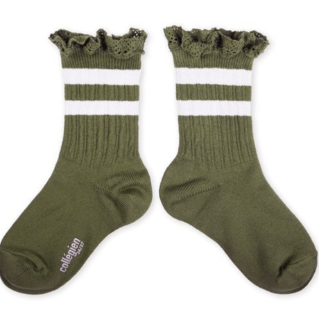 【Collégien】Nicole Ribbed Varsity Crew Socks with Lace Trim