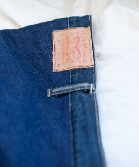 "つぎはぎのデニムニットフードマフラー 第五色" Patchwork denim knit hooded muffler, Rebuild by vintages