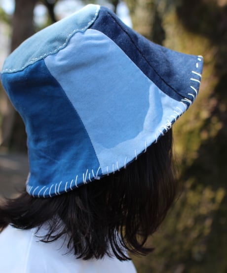 "リトル・ブルー・パラソル" Blue Patchwork hat, Rebuild by vintages