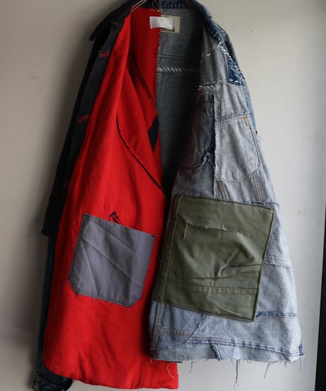 "赤が覗く夜" night with red gaze coat, reconstructed from french cloak and denim vintages