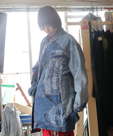 "赤が覗く夜" night with red gaze coat, reconstructed from french cloak and denim vintages