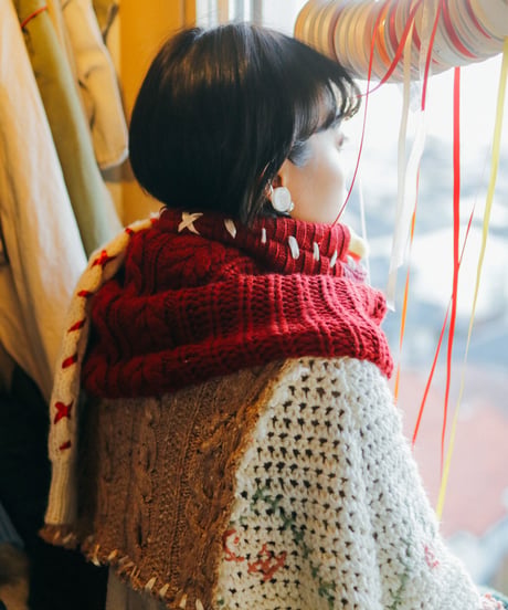"手紡ぎとフランス" Vintage knit Rebuild Muffler by French antique and Hand-spun yarn Stitch