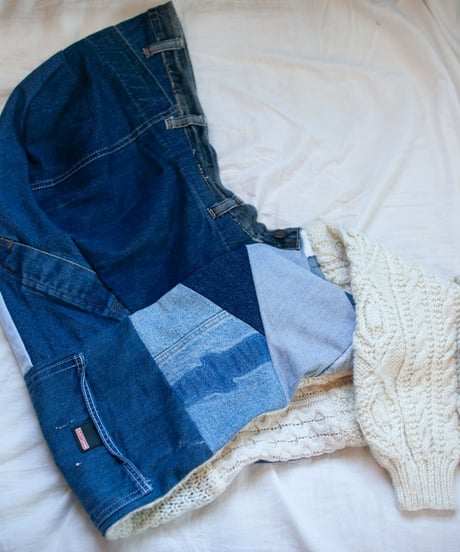 "つぎはぎのデニムニットフードマフラー 第六色" Patchwork denim knit hooded muffler, Rebuild by vintages