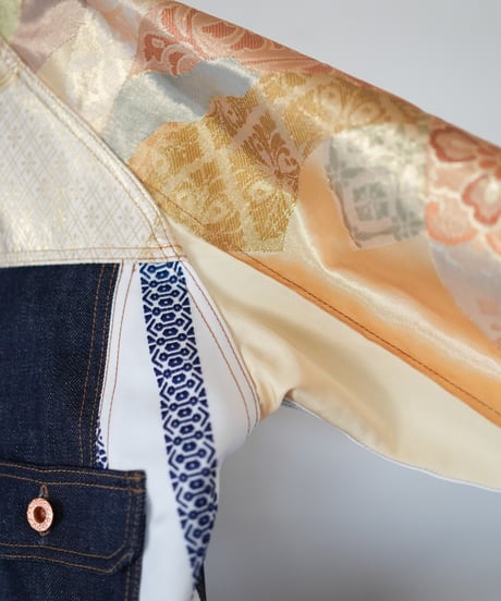 《nisai × soma komatsuno》"藍と黄金と緑" Patchwork Denim jacket, Rebuild by vintage kimono