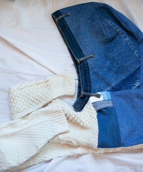 "つぎはぎのデニムニットフードマフラー 第五色" Patchwork denim knit hooded muffler, Rebuild by vintages
