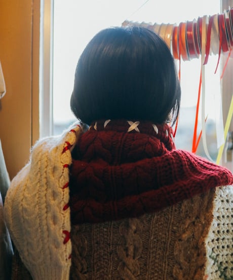 "手紡ぎとフランス" Vintage knit Rebuild Muffler by French antique and Hand-spun yarn Stitch