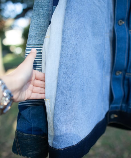《nisai × soma komatsuno》"おわらない青、時々黄" Patchwork oversized jacket, Rebuild by vintage denims