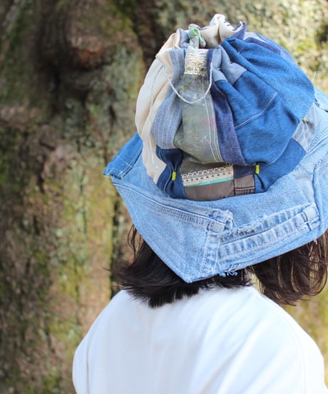 "江ノ島" Blue with Green Patchwork Flower hat, Rebuild by vintages