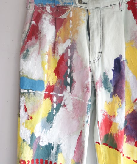 "偽装する虹" Fake stitch painted pants, Based on Bleach vintage denim