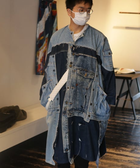 "水白虹" Liquid White Rainbow Coat, reconstructed from denim vintages
