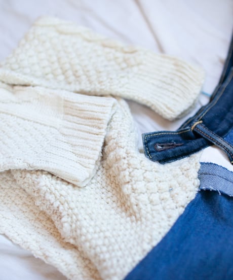 "つぎはぎのデニムニットフードマフラー 第五色" Patchwork denim knit hooded muffler, Rebuild by vintages