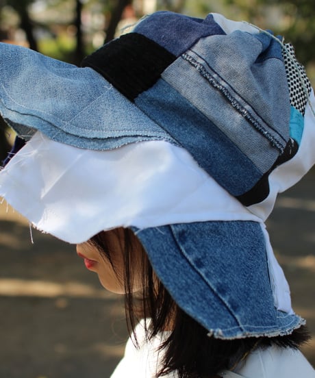 "終わらない藍の花" Blue Patchwork Flower hat, Rebuild by vintages