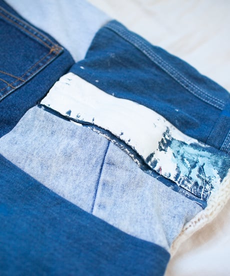 "つぎはぎのデニムニットフードマフラー 第六色" Patchwork denim knit hooded muffler, Rebuild by vintages