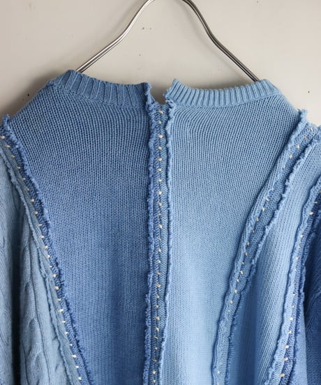 "リボンと狐の嫁入り" SUNNYRAIN AND RIBBONS, reconstructed from blue cotton knit vintages