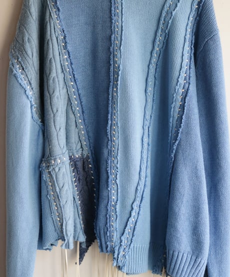 "リボンと狐の嫁入り" SUNNYRAIN AND RIBBONS, reconstructed from blue cotton knit vintages