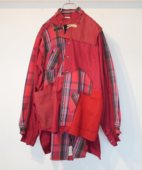 "赤い花" Red flower shirt jacket, Rebuild by vintages