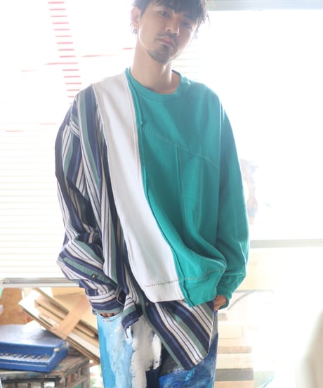 "緑雨" Green rain Misaligned pullover, rebuild by vintages
