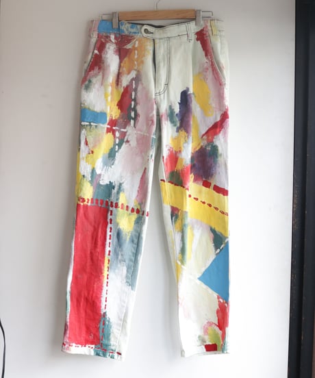 "偽装する虹" Fake stitch painted pants, Based on Bleach vintage denim
