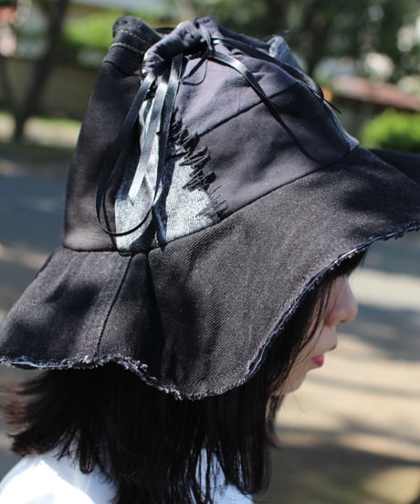 "黒い蕾" Black Patchwork Flower hat with Ribbon, Rebuild by vintages