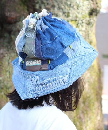 "江ノ島" Blue with Green Patchwork Flower hat, Rebuild by vintages
