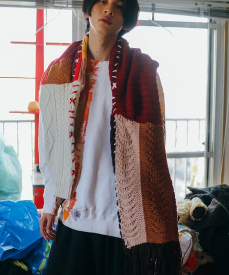 "手紡ぎとフランス" Vintage knit Rebuild Muffler by French antique and Hand-spun yarn Stitch