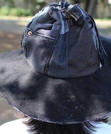 "黒い蕾" Black Patchwork Flower hat with Ribbon, Rebuild by vintages