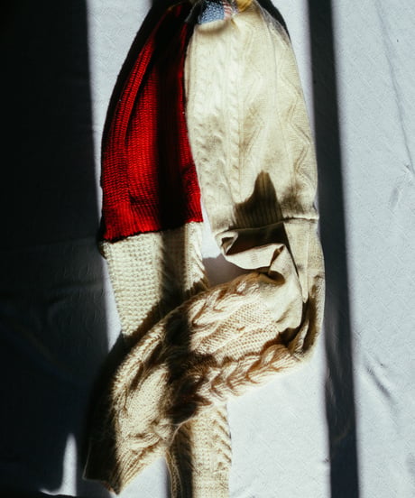 "赤手紡ぎ糸の手縫いステッチ" Vintage knit Rebuild Muffler by Red Hand-spun yarn Stitch