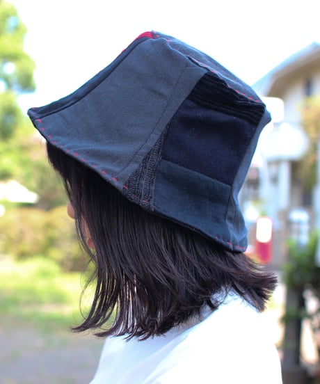 "決意" Black patchwork with Red Stitch hat, Rebuild by vintages