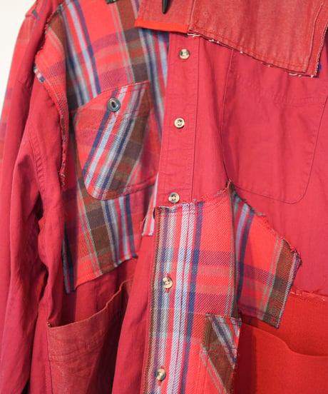 "赤い花" Red flower shirt jacket, Rebuild by vintages