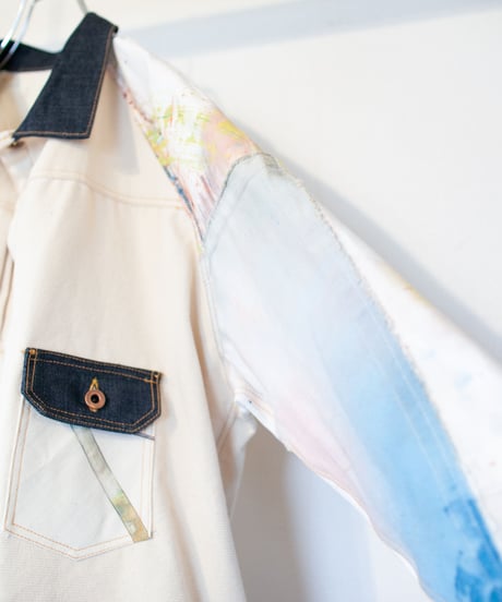 《nisai × soma komatsuno》"おわらない色彩" Patchwork and paint oversized jacket inspired by denim