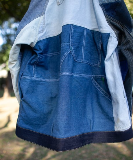 《nisai × soma komatsuno》"おわらない青、時々黄" Patchwork oversized jacket, Rebuild by vintage denims