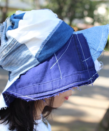 "終わらない藍の花" Blue Patchwork Flower hat, Rebuild by vintages
