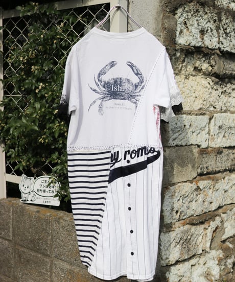 "少し大人になったあなたへ" Reconstructed dress with Hand-silkscreen with Black antique laces