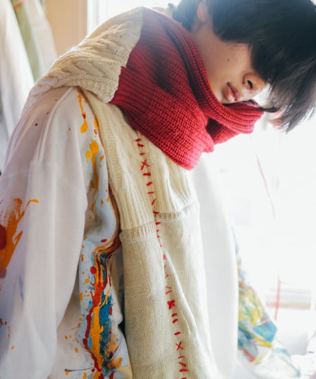 "赤手紡ぎ糸の手縫いステッチ" Vintage knit Rebuild Muffler by Red Hand-spun yarn Stitch
