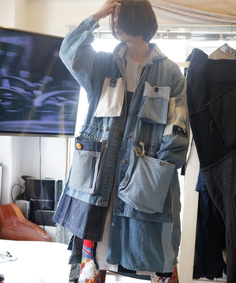 "青のデニムモッズコート" Blue denim mods coat